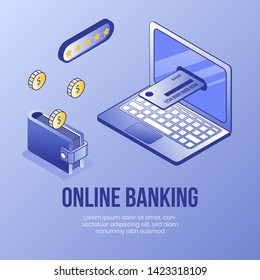 Digital isometric design concept scene of financial online banking app 3d icons.Isometric Business finance symbols-dollar coins,bank card,laptop,wallet on landing page banner web online concept