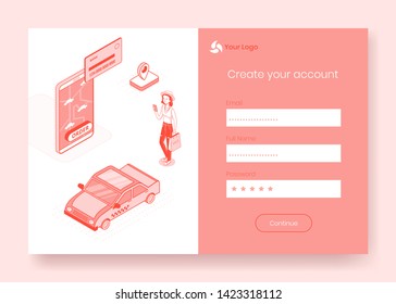 Digital isometric design concept scene of mobile taxi booking service app 3d icons,ready to use sign in,create account,registration online form.Isometric business finance symbols,web online concept