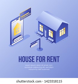 Digital isometric design concept scene of house rent online service app 3d icons.Isometric Business finance symbols-bank card,house,mobile phone,rent sign on landing page banner web online concept