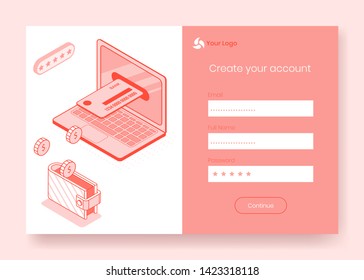 Digital isometric design concept scene of financial online banking shopping app icons,ready to use sign in,create account,registration online form.Isometric Business finance symbols,web page concept