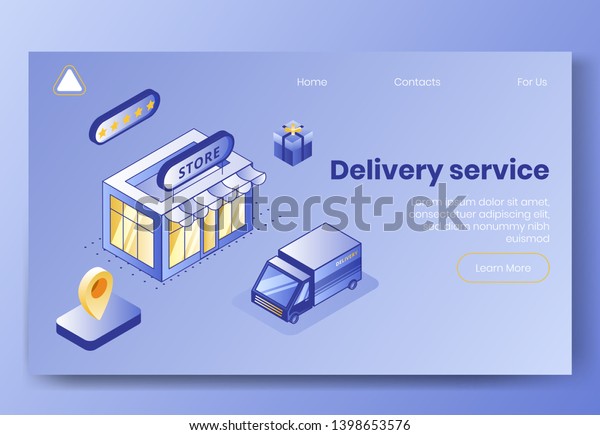 Digital isometric design concept scene of\
delivery service app 3d icons.Business finance symbols-isometric\
store,truck car,package boxes,geo tags,five stars on landing page\
banner web online\
concept