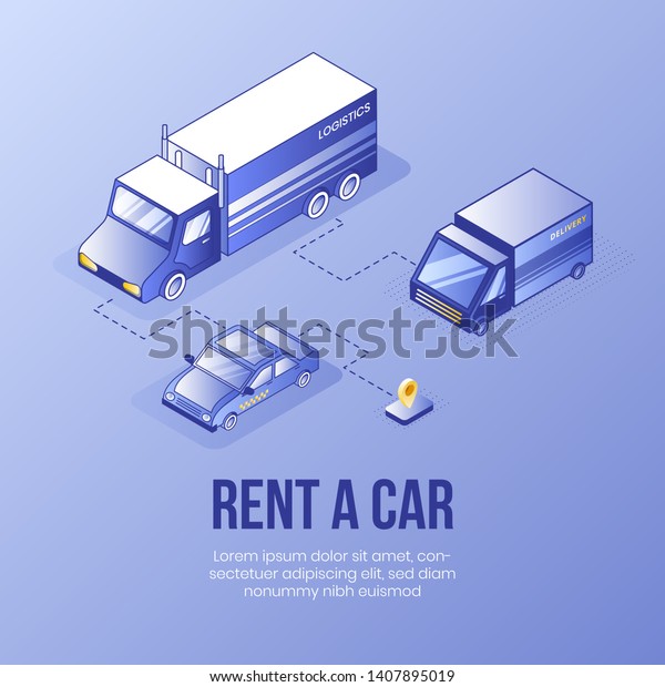 Digital\
isometric design concept scene of rent car online service app 3d\
icons.Isometric Business finance symbols-different cars, truck,geo\
tag on landing page banner web online\
concept