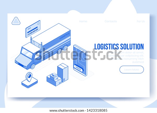 Digital isometric design concept scene of\
logistics solution service app 3d icons.Isometric business finance\
symbols-bank card,package box,truck,mobile phone on landing page\
banner web online\
concept