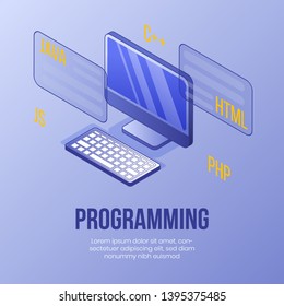 Digital isometric design concept scene-laptop and programming languages for coding online school,app,internet page,banners.Isometric business social icons-computer,php,java,html-web online concept