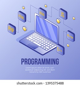 Digital isometric design concept scene-laptop and programming languages for coding online school,app,internet page,banners.Isometric business social icons-computer,php,java,html-web online concept