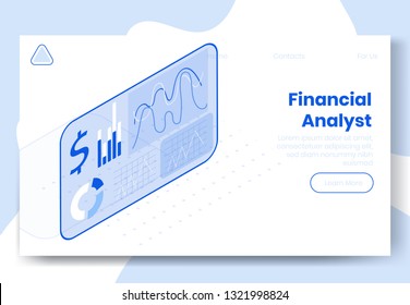 Digital isometric design concept set of 3d icons for financial analyst app.Isometric financial business analysis infographics,graphs,dollar icon,diagram on landing page banner web online concept