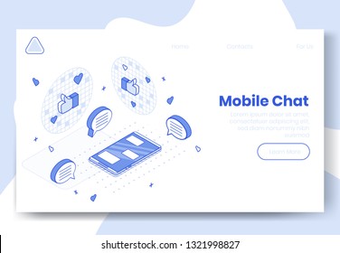 Concepto de diseño isométrico digital conjunto de iconos 3d de la aplicación de chat móvil.Símbolos de red social isométrica - pulgar arriba, icono cardíaco, burbuja de voz en la página de inicio el concepto web de banner, listo para usar el diseño