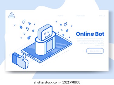 Digital isometric design concept set of internet bot app 3d icons.Isometric social marketing symbols,internet robot,thumb up,heart icon on landing page banner web online concept,ready to use design