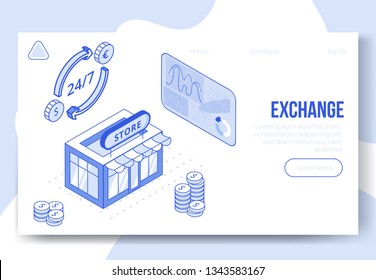 Digital isometric design concept set of financial foreign exchange app 3d icons.Isometric business financial symbols-diagrams,euro dollar coins,store shop on landing page banner web online concept