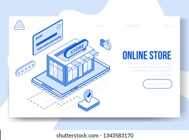 Digital isometric design concept set of online store app 3d icons.Business finance symbols-Isometric store shop,bank card,five stars,geo tag,thumb up icons on landing page banner web online concept