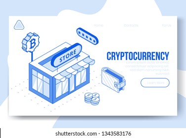 Digital isometric design concept set of financial cryptocurrency app 3d icons.Business financial symbols-isometric store,dollar coins,wallet,bitcoin icon on landing page banner web online concept