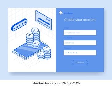 Digital isometric design concept set of financial online banking app 3d icons,ready to use sign up,create account,online registration form.Isometric business financial symbols,online web page concept