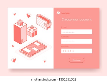 Digital isometric design concept set of online delivery store app 3d icons,ready to use sign up,create account,online registration form.Isometric business financial symbols,internet page concept