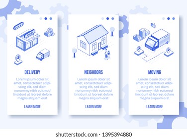 Digital isometric design concept set of delivery,moving home mobile app screen vertical banners.Isometric social business scenes-house,people characters,truck,boxes on page banner web online concept