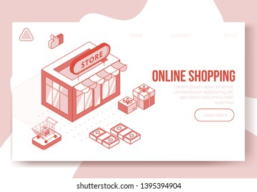 Digital isometric design concept set of online shopping app 3d icons.Isometric business finance symbols-store,package boxes,shopping cart,money,thumb up icons on landing page banner web online concept