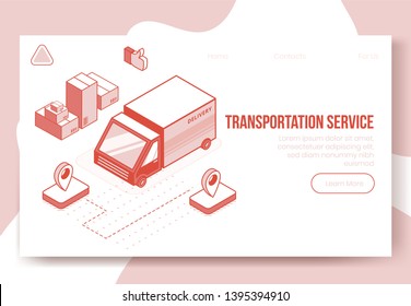 Digital isometric design concept set of transportation service app 3d icons.Business finance symbols-isometrics car truck,package boxes,geo tags,thumb up on landing page banner web online concept