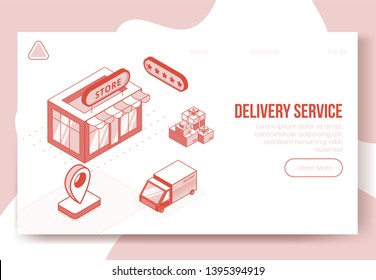 Digital isometric design concept set of delivery service app 3d icons.Isometric business finance symbols-store,truck car,package boxes,geo tags,five stars on landing page banner web online concept
