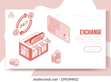 Digital isometric design concept set of financial foreign exchange app 3d icons.Isometric business financial symbols-graphs,euro dollar coins,store shop on landing page banner web online concept