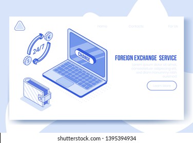 Digital isometric design concept set of online foreign exchange app 3d icons.Isometric business finance symbols-laptop,wallet,money coins,spin arrows on landing page banner web online concept