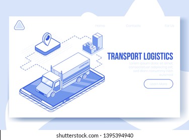 Digital isometric design concept set of transportation service app 3d icons.Business finance symbols-isometrics car truck,package boxes,geo tag on landing page banner web online concept