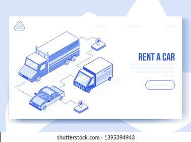 Digital isometric design concept set of rent car online service app 3d icons.Business finance symbols-isometrics different cars, truck,geo tag on landing page banner web online concept