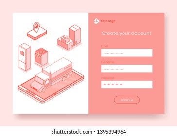 Digital isometric design concept set of transportation service online app 3d icons,ready to use sign in,create account,registration online form.Business finance symbols,web page online concept