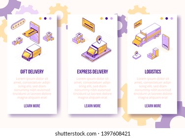 Digital isometric design concept set of online logistics delivery service mobile app screen vertical banners.Isometric social business scenes-mobile phone,car,truck,boxes,bank card,web online concept