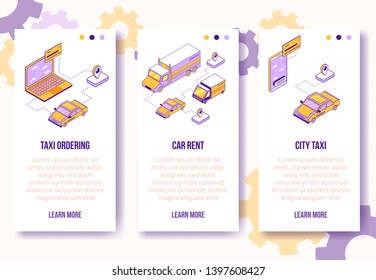 Digital isometric design concept set- online car rent,taxi ordering mobile app screen vertical banners.Isometric social business scenes-mobile phone,laptop,car,truck,taxi,bank card,web online concept