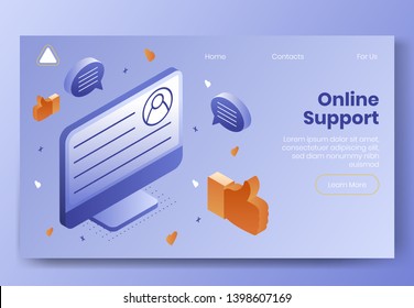 Digital isometric design concept set of online support app 3d icons.Isometric social marketing symbols,user profile,thumb up like,heart icon,speech bubbles on landing page banner web online concept