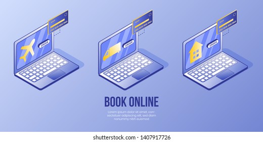 Digital isometric design concept set - book online services on laptop mobile app screens.Isometric business social icons-laptop,house,truck,taxi,bank card,plane-web online concept