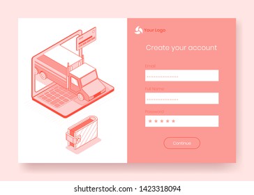 Digital isometric design concept set of delivery service online app 3d icons,ready to use sign in,create account,registration online form.Business Isometric finance symbols,web page online concept