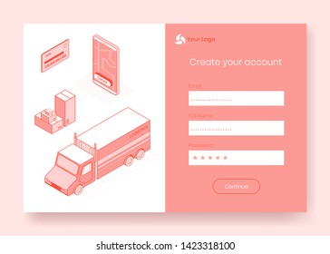 Digital isometric design concept set of logistics online service app 3d icons,ready to use sign in,create account,registration online form.Isometric business finance symbols,web page online concept