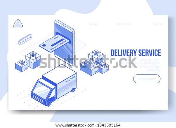 Digital isometric design concept set of delivery\
service app 3d icons.Business finance symbols-isometric mobile\
phone,truck car,bank card,package boxes on landing page banner web\
online concept