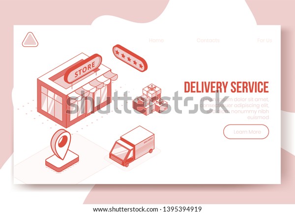 Digital isometric design concept set of delivery\
service app 3d icons.Isometric business finance symbols-store,truck\
car,package boxes,geo tags,five stars on landing page banner web\
online concept