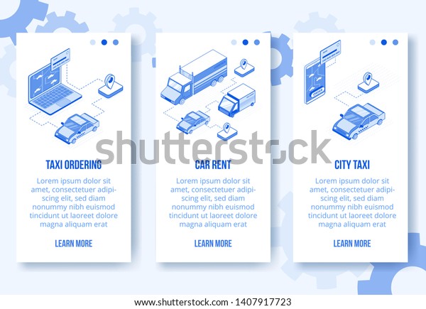 Digital isometric design concept set- online car\
rent,taxi ordering mobile app screen vertical banners.Isometric\
social business scenes-mobile phone,laptop,car,truck,taxi,bank\
card,web online\
concept