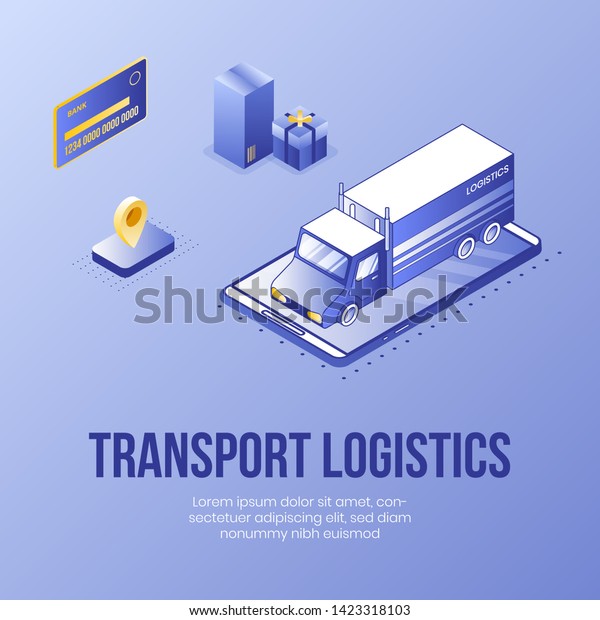 Digital isometric design concept set of transport\
logistics service app 3d icons.Isometric Business finance\
symbols-car truck,package boxes,geo tag on landing page banner web\
online concept