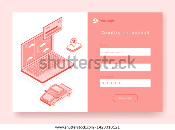 Digital isometric design concept set of online\
taxi booking service app 3d icons,ready to use sign in,create\
account,registration online form.Isometric business finance\
symbols,web page online\
concept