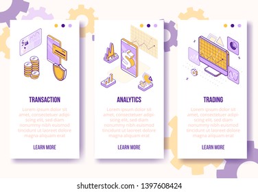 Digital isometric design concept set-financial analytics,market trading app screen vertical banners.Isometric financial business scenes-mobile phone,coins,graphs,charts,diagrams-web online concept