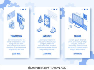 Digital isometric design concept set-financial analytics,market trading app screen vertical banners.Isometric financial business scenes-mobile phone,coins,graphs,charts,diagrams-web online concept