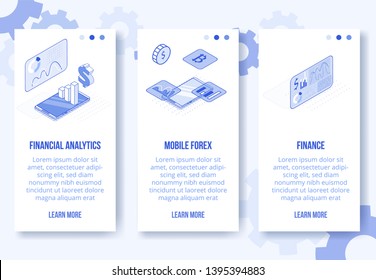 Digital isometric design concept-mobile forex,financial analytics app screen vertical banners set.Isometric financial business scenes-mobile phone,dollar,graphs,charts,diagrams-web online concept