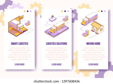 Digital isometric design concept-moving home,online logistics service mobile app screen vertical banners set.Isometric social business icons-mobile phone,home,truck,boxes,bank card,web online concept