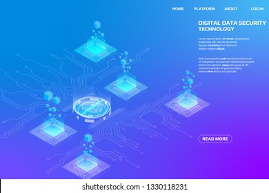 Digital Isometric Fingerprint Scanning Security System Data Access Protection Gadgets.Abstract Authentication Futuristic Circle Circuit Board Panel Element Illustration Background.