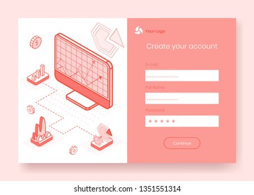 Digital isometric icon design concept set of financial analytic business app 3d,ready to use sign up,create account,online registration form.Isometric business financial symbols,online page concept