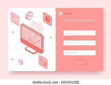 Digital isometric icon design concept set of financial analytic business app 3d,ready to use sign up,create account,online registration form.Isometric business financial symbols,online page concept