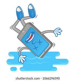 Digital isometric Icon smartphone tablet gadget mobile fall down in blue water Problem with wet phone need help clean repair service Modern vector illustration flat design cartoon character technology