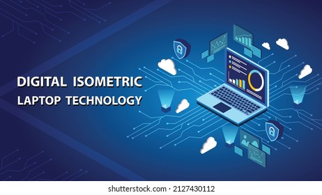 Digital Isometric Laptop Technology And Data Sever On Blue Background.