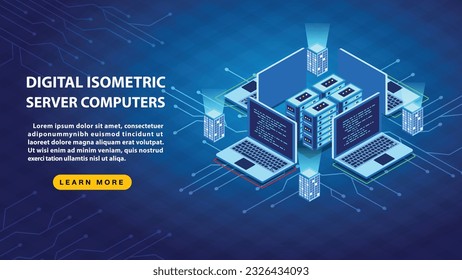 Digital isometric server computers on blue background, Artificial intelligence isometric abstract banner, Neural network,Vector