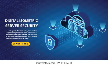 Digital Isometric Server Security and cloud technology on blue background.