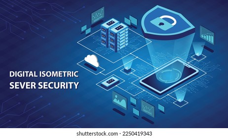 Digital Isometric Server Security and data sever on blue background.