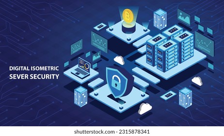 Digital Isometric Server Security and data sever on blue background.